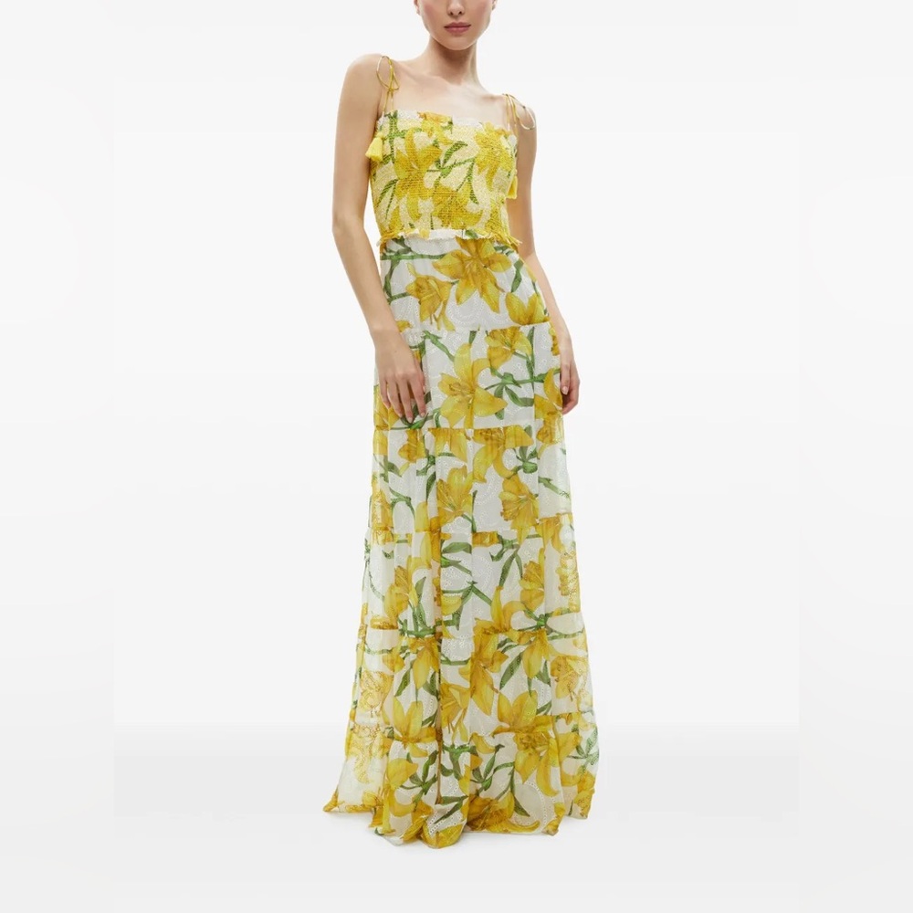 Alice + Olivia Marna Tiered Midi Tie Strap Dress